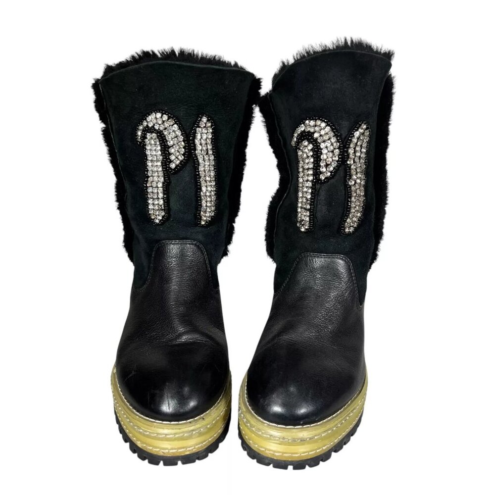 P1 Womens Black Leather Shearling Lining Lug Sole Mid Calf Boots Sz EU38 RARE - Picture 4 of 16